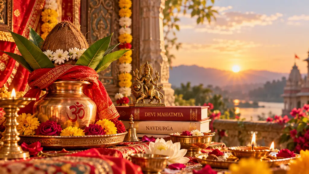 Navratri 2026 Ghatasthapana kalash, diyas, marigold flowers and Maa Durga devotional decorations.