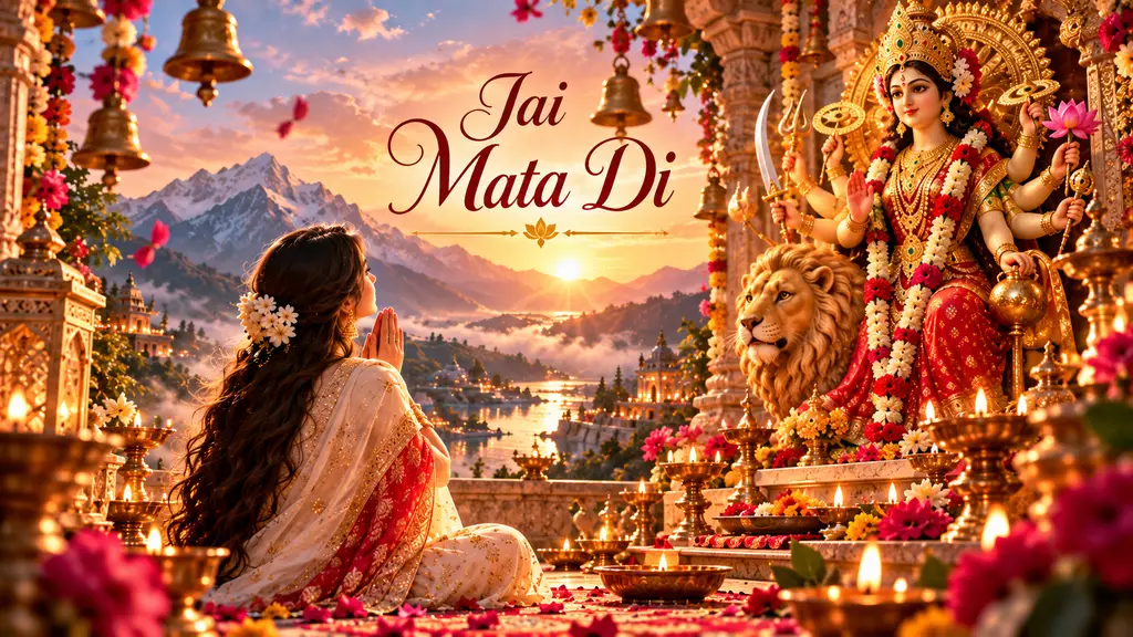Navratri 2026 devotional illustration of a woman praying to Maa Durga at sunrise, symbolising faith, inner strength and spiritual renewal.
