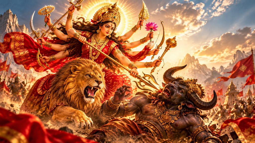 Navratri 2026 illustration of Maa Durga riding her lion and defeating Mahishasura, symbolising the victory of good over evil.