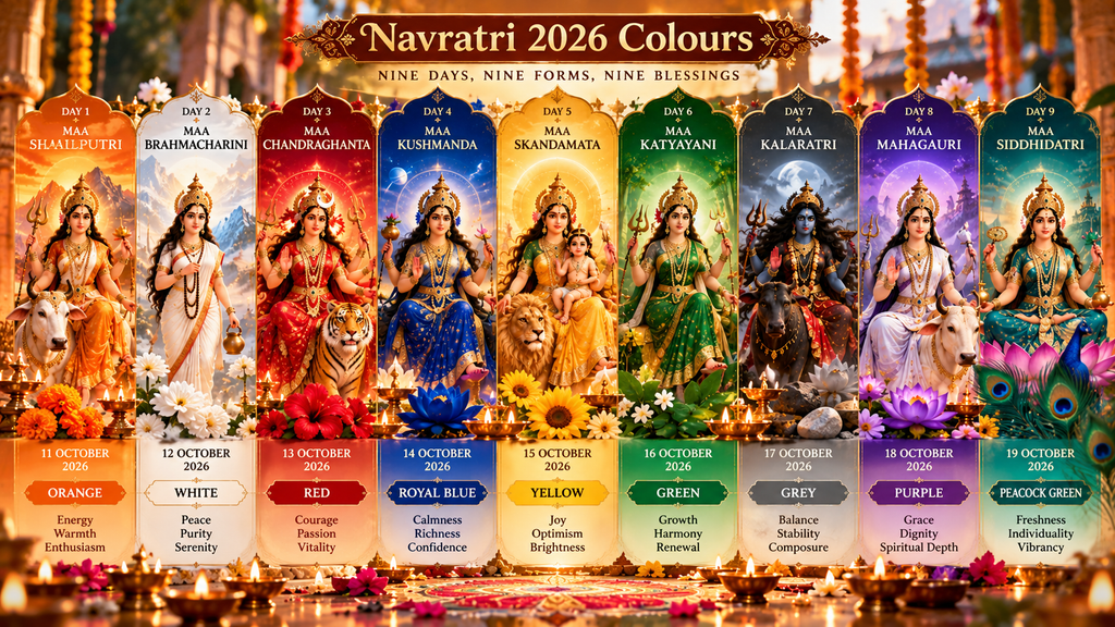 Navratri 2026 infographic showing the nine Navratri colours, dates, forms of Maa Durga and their traditional significance.
