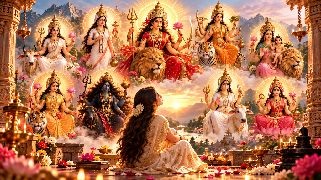 Navratri 2026 devotional illustration of the nine forms of Maa Durga inspiring inner strength, courage, patience, compassion and wisdom.