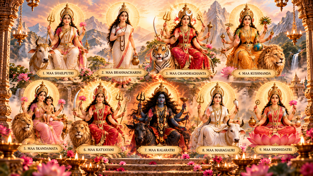 Navratri 2026 illustration showing the nine forms of Maa Durga, known as Navdurga, with their traditional symbols and divine vehicles.
