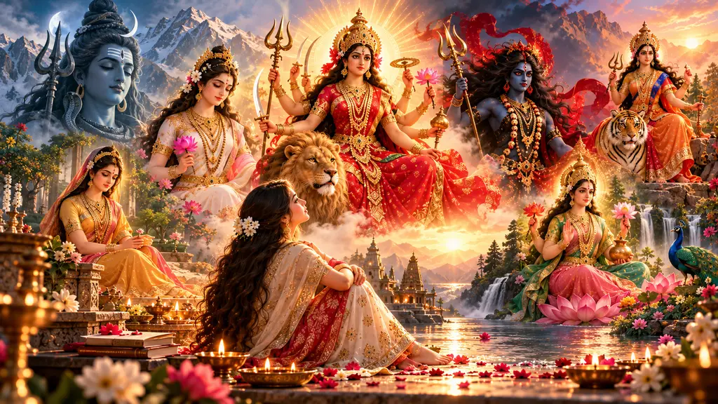 Navratri 2026 spiritual illustration of Maa Durga, Maa Kali and other divine forms symbolising Shakti, feminine strength, balance and inner transformation.