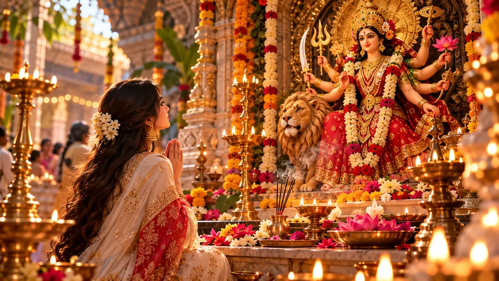 Navratri 2026 devotional scene of a woman praying before Maa Durga in a peaceful temple filled with glowing diyas and flowers.