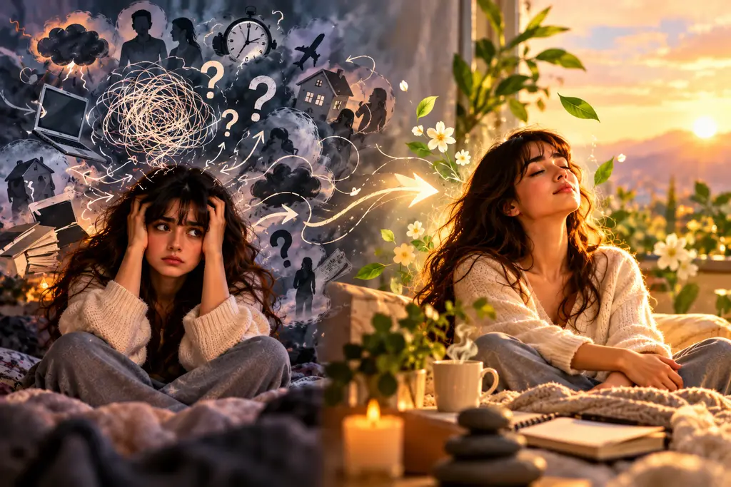 How to stop overthinking Visual showing the transition from overthinking and anxiety to a calm and peaceful mind