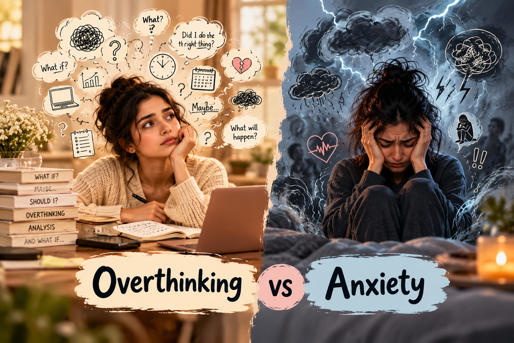 Overthinking vs anxiety illustration showing repetitive negative thoughts and the emotional distress associated with anxiety.