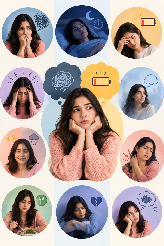 Overthinking vs anxiety illustration showing a woman experiencing racing thoughts, insomnia, mental exhaustion, stress, mood changes, and difficulty concentrating.