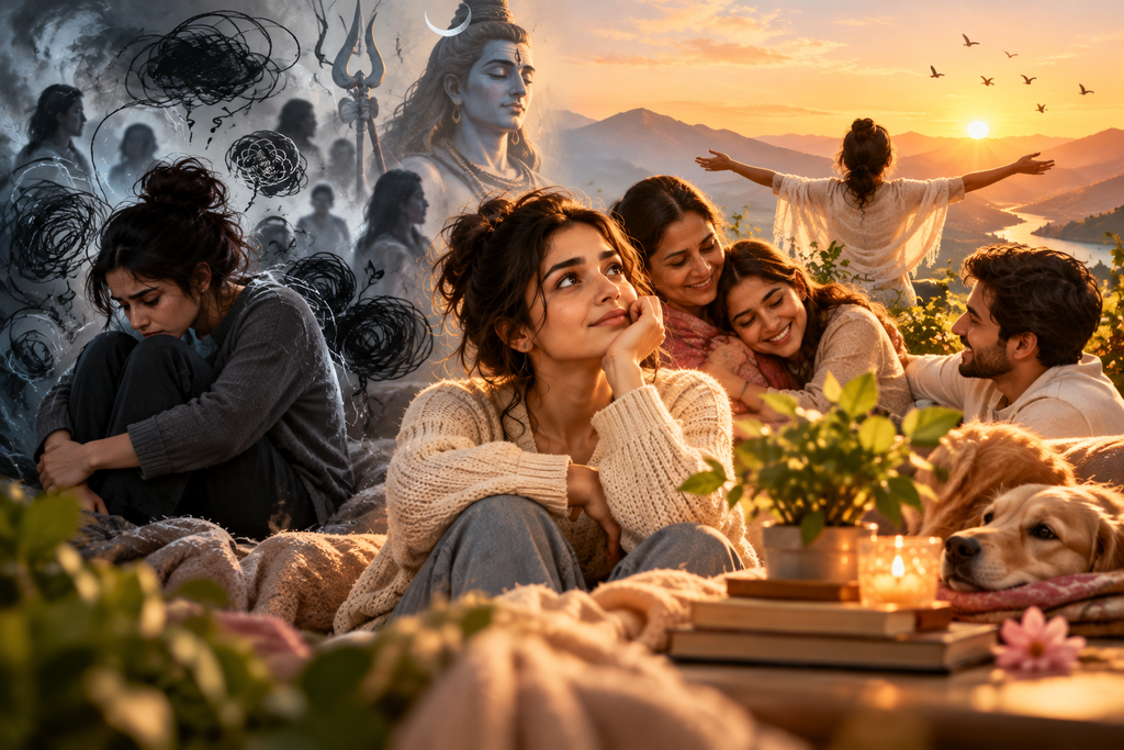 Overthinking vs anxiety visual showing emotional struggles, family support, spiritual faith, and hope for a peaceful future.
