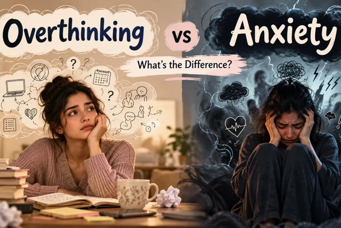 Overthinking vs anxiety comparison showing a woman trapped in repetitive thoughts and another experiencing emotional distress.