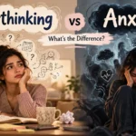 Overthinking vs anxiety comparison showing a woman trapped in repetitive thoughts and another experiencing emotional distress.