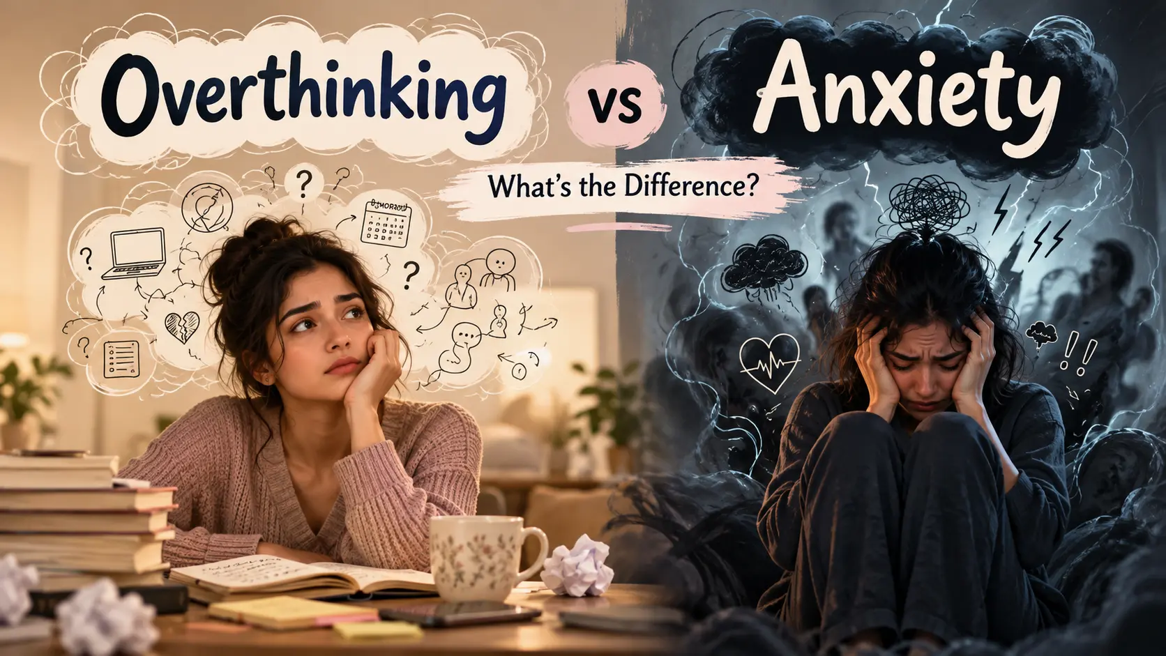 Overthinking vs anxiety comparison showing a woman trapped in repetitive thoughts and another experiencing emotional distress.