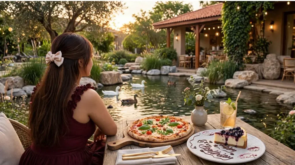 Illustrative view of Villagio Garden Cafe near Chandigarh featuring a woman in a burgundy dress, a garden pond with ducks, greenery, and outdoor dining.