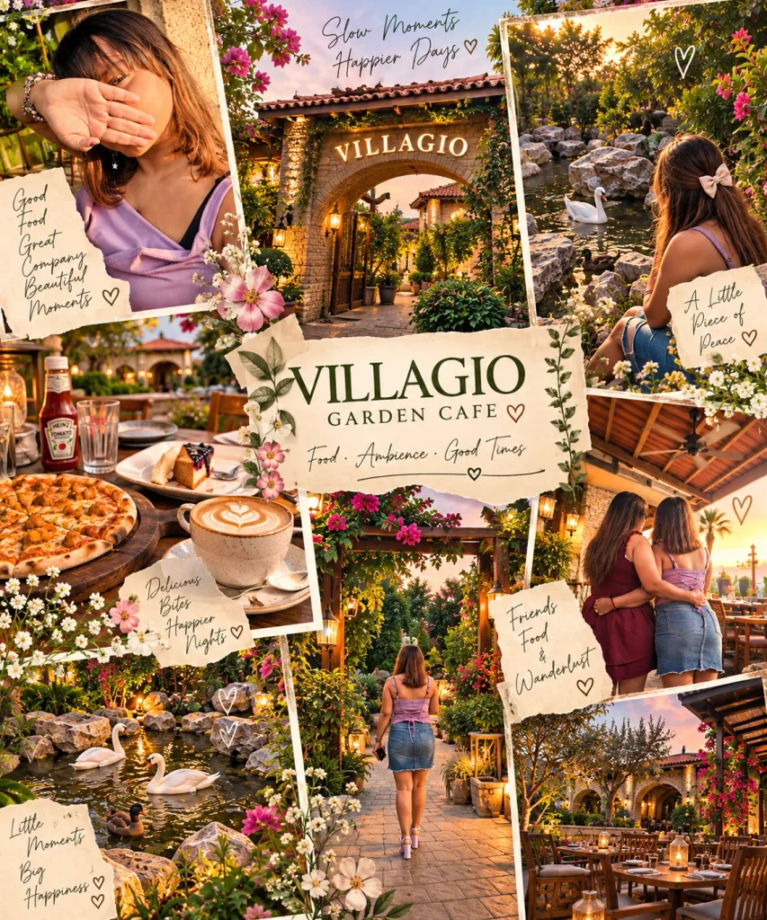 Aesthetic fictional collage of Villagio Garden Cafe near Chandigarh featuring a woman with her face hidden, a lush garden pathway, a pond with ducks, outdoor seating, and friendship moments.