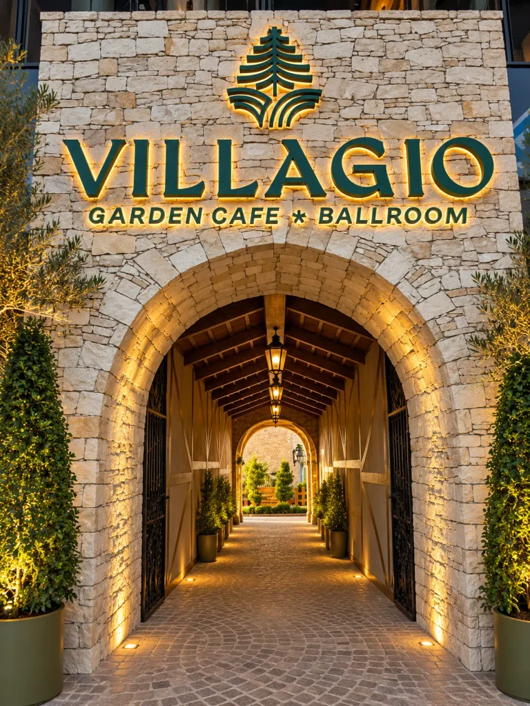 Entrance arch and stone façade of Villagio Garden Cafe near Chandigarh, featuring the illuminated Villagio sign and elegant garden-style architecture.