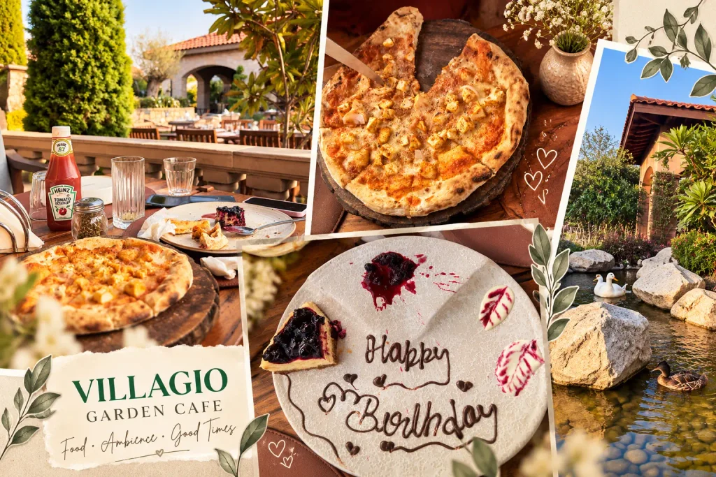 Villagio Garden Cafe near Chandigarh collage featuring garden seating, Paneer Tikka Pizza, blueberry cheesecake, birthday dessert plate, and a scenic pond with ducks.