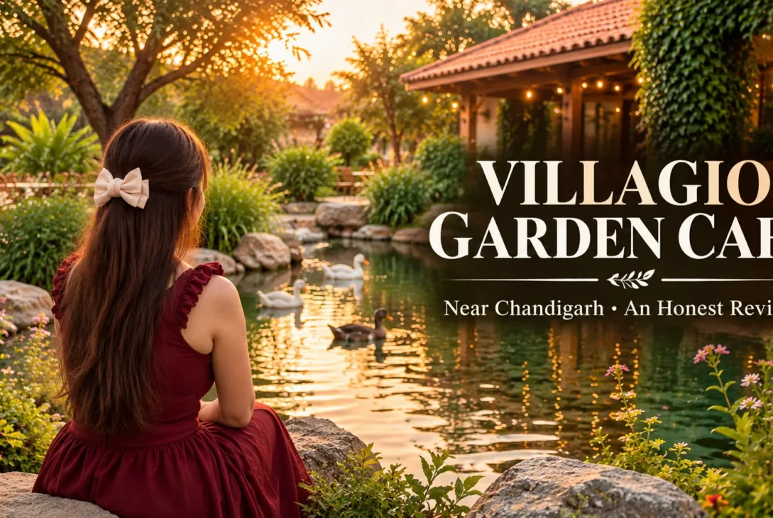 Villagio Garden Cafe near Chandigarh review featuring a woman in a burgundy dress sitting beside a garden pond surrounded by greenery and ducks.