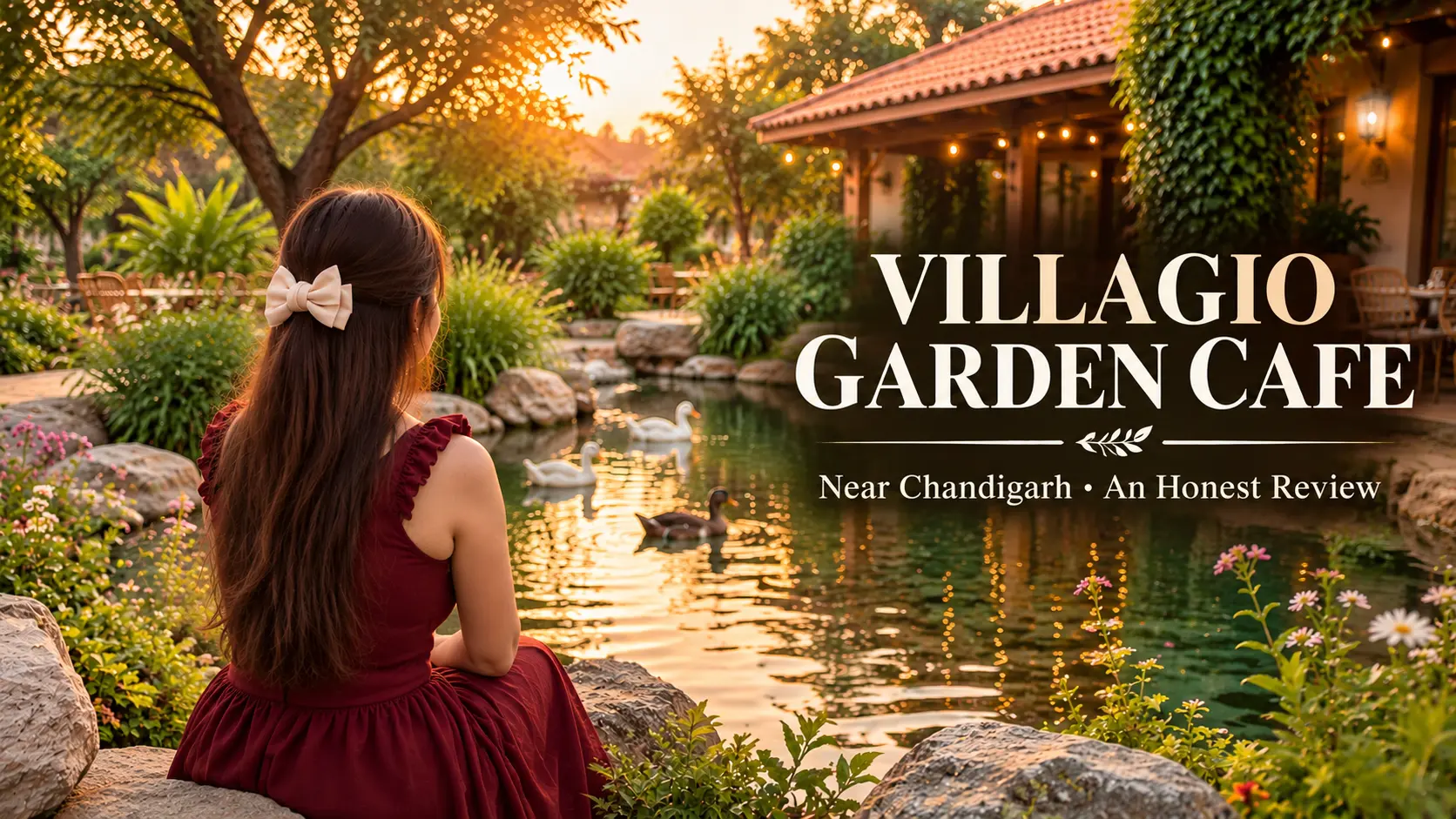 Villagio Garden Cafe near Chandigarh review featuring a woman in a burgundy dress sitting beside a garden pond surrounded by greenery and ducks.