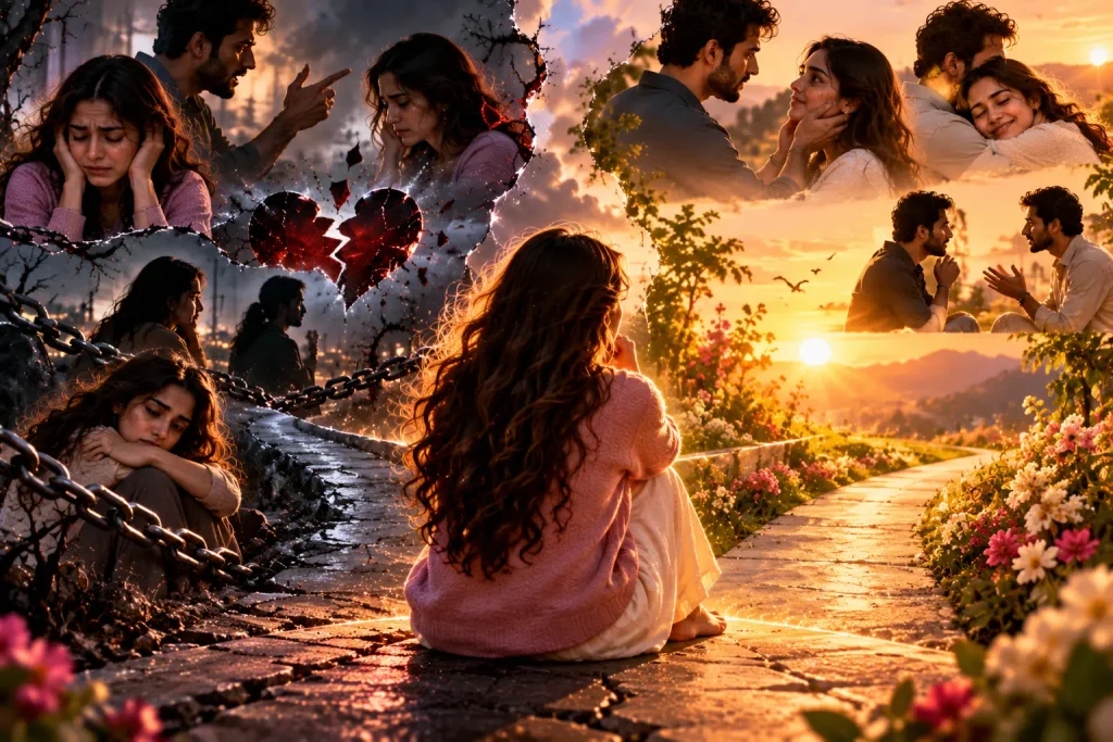 Healthy relationships and unhealthy relationship patterns illustrated through emotional distress, broken trust, difficult choices and the courage to move towards a healthier future.